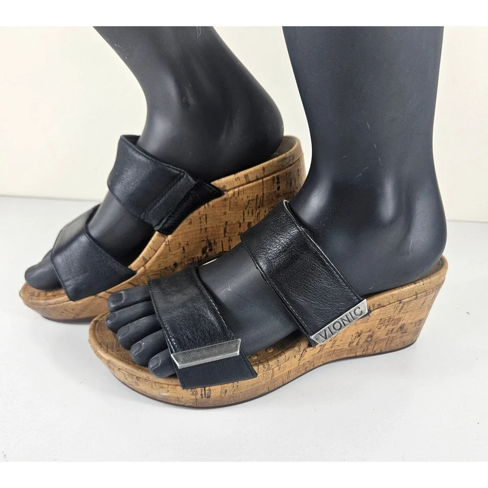 Vionic Pepper Womens 7 Black Leather Cork Wedge Platform Slide Sandals